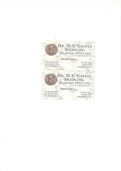 Dr DS Grieve and Sanet Grieve collaborators in fraud - defrauded an old man 79 years old inside an old age home. These were the business cards presented to the old man.....