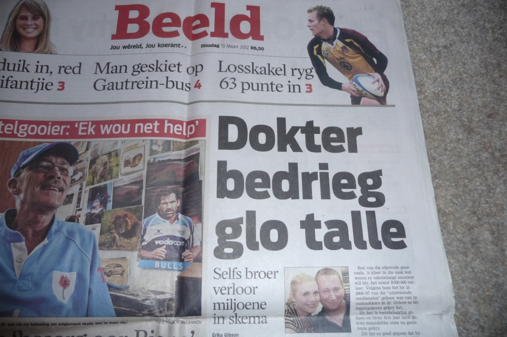 Dr DS Grieve & Sanet Grieve Front Page News Die Beeld RSA's Leading Daily Newspaper
